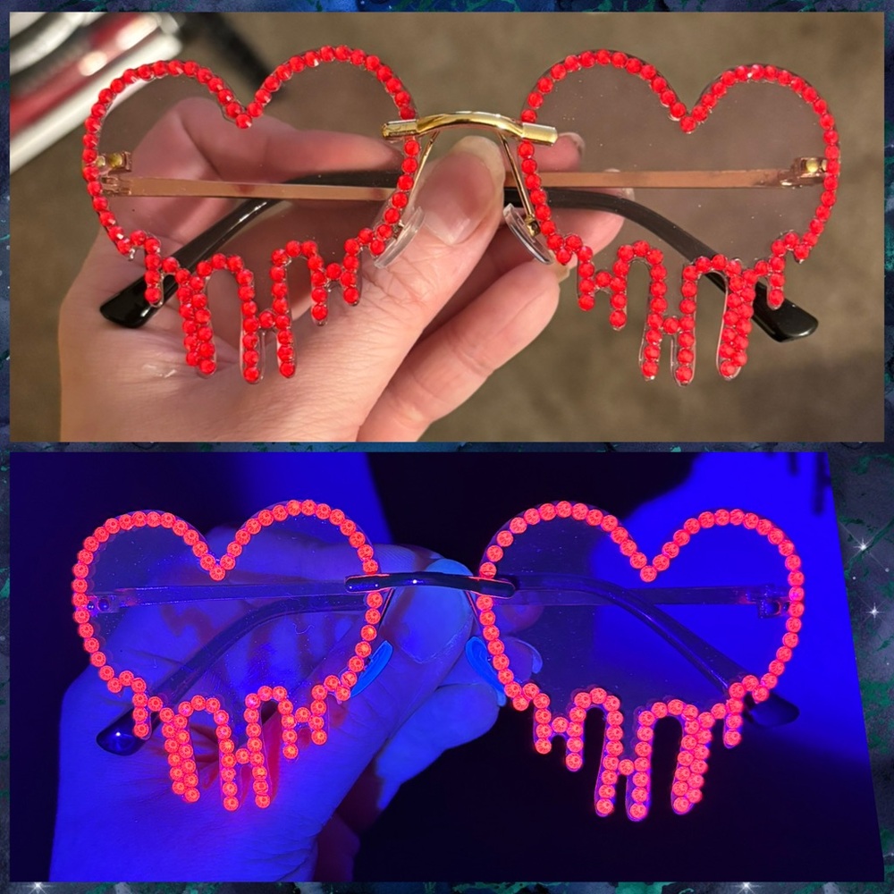 Heart Shaped Drip Sunglasses with Blacklight Reactive Red Accents